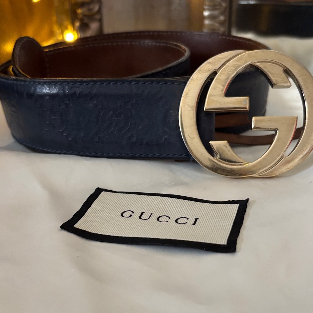 Gucci Navy Blue Calf leather Belt, with silver hardware. Limited Edition Color. - Picture 3 of 5